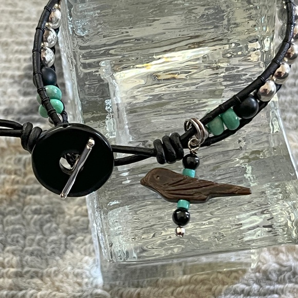 Black Leather Single Wrap Bracelet, Sterling beads W/Opal and Black Onyx - Picture 1 of 4